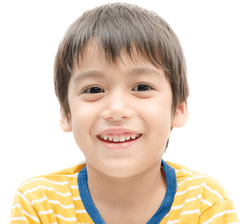 A smiling boy in a yellow striped shirt faces the camera.