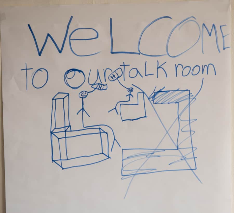 Artwork from a young visitor to Zoey's Place hangs upstairs in our MDT room, where other professionals can observe the interview in real time.