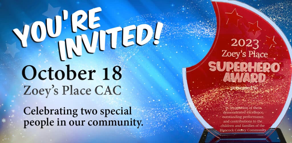 You're invited invite with the October 18 date and a photo of a red award plaque.