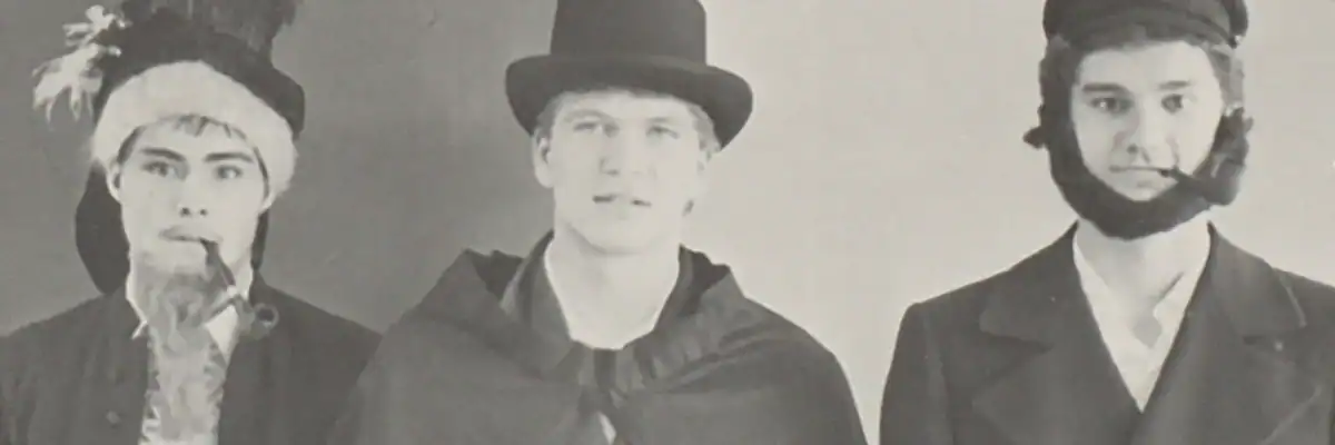 Jason Lucas, Brett Burkhart, and Eric McClees borrowed several drama club costumes for a presentation in Mrs. Corn's
English class, Greenfield H.S. Catamount Yearbook, 1987