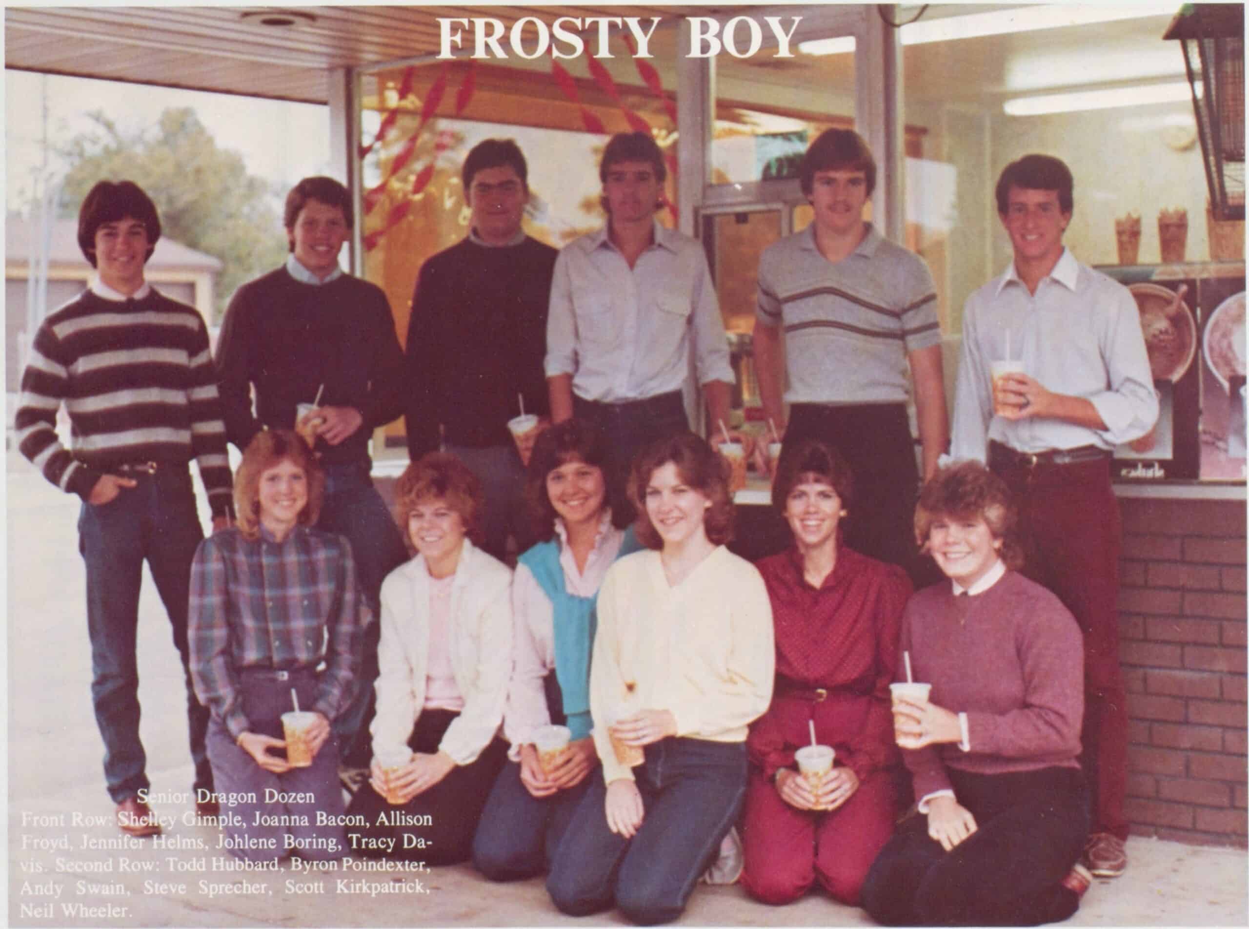 Senior Dragon Dozen from New Palestine pose at the Frosty Boy, 1984 Avalon